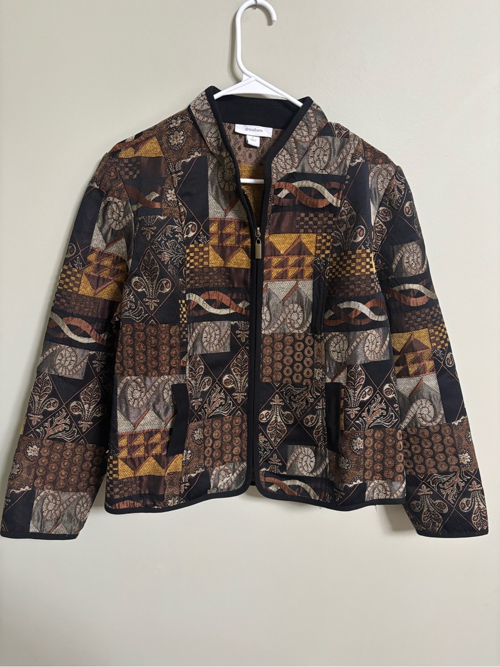 Dress Barn Brown Vintage Tapestry Jacket Boho Earthy Artsy Patchwork Size Large